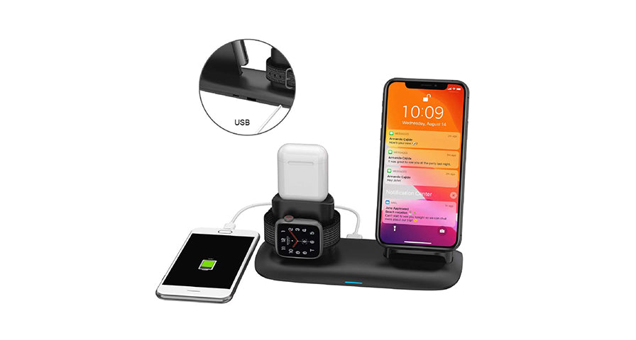 Porodo 4 in 1 Charging Station 7.5W/10W for iPhone / Apple Watch / Airpods - Black