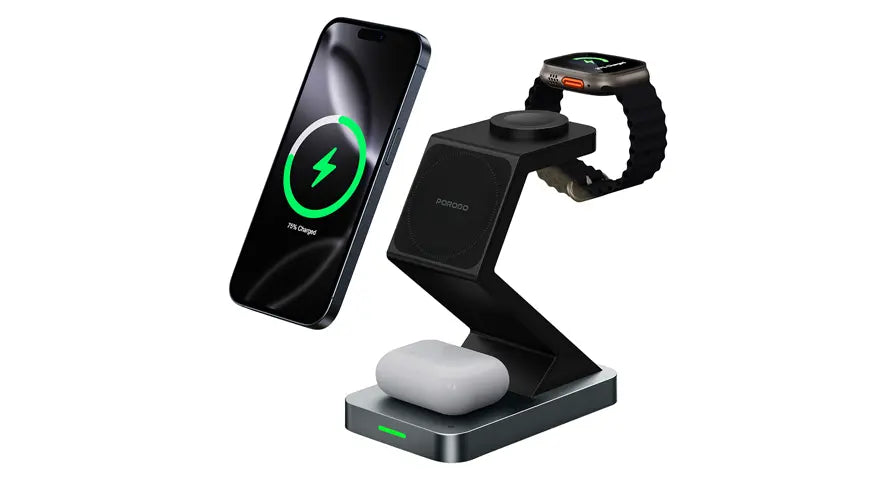 Porodo 4-In-1 Powerdock Wireless Charging Station with 360� Adjustable Viewing - Black