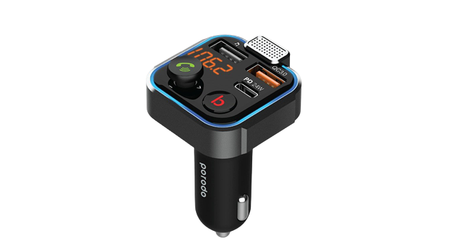 Porodo Smart Car Charger FM Transmitter with 24W PD Port & QC 3.0 - Black