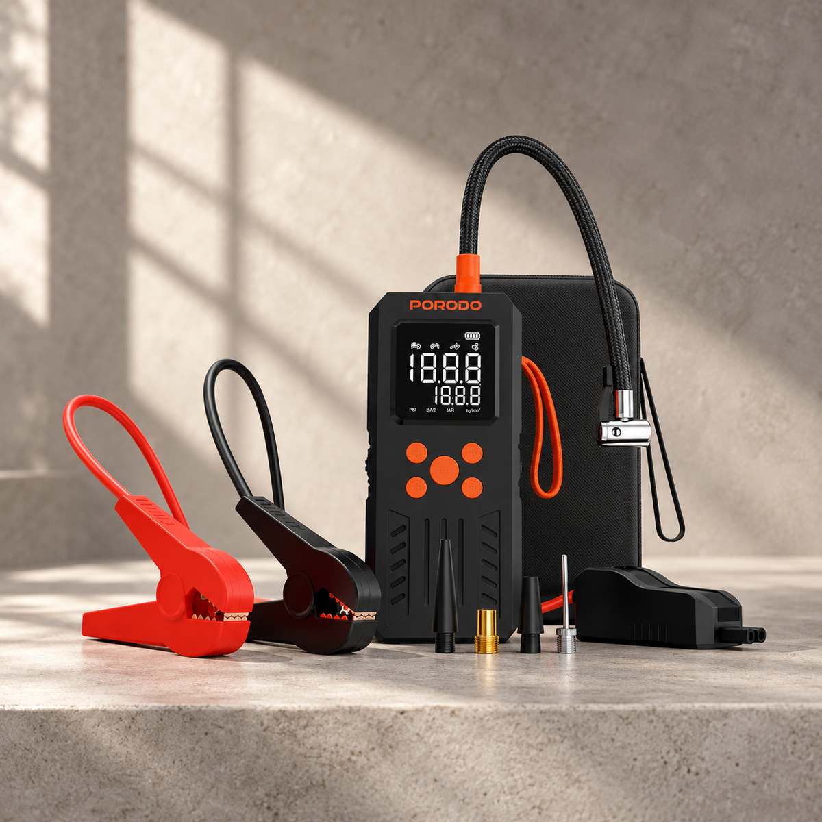Porodo 4-In-1 Multi-Tool Inflator & Jump Starter with 150PSI Auto-Stop & SOS Lighting - Black — GREY Studio editorial