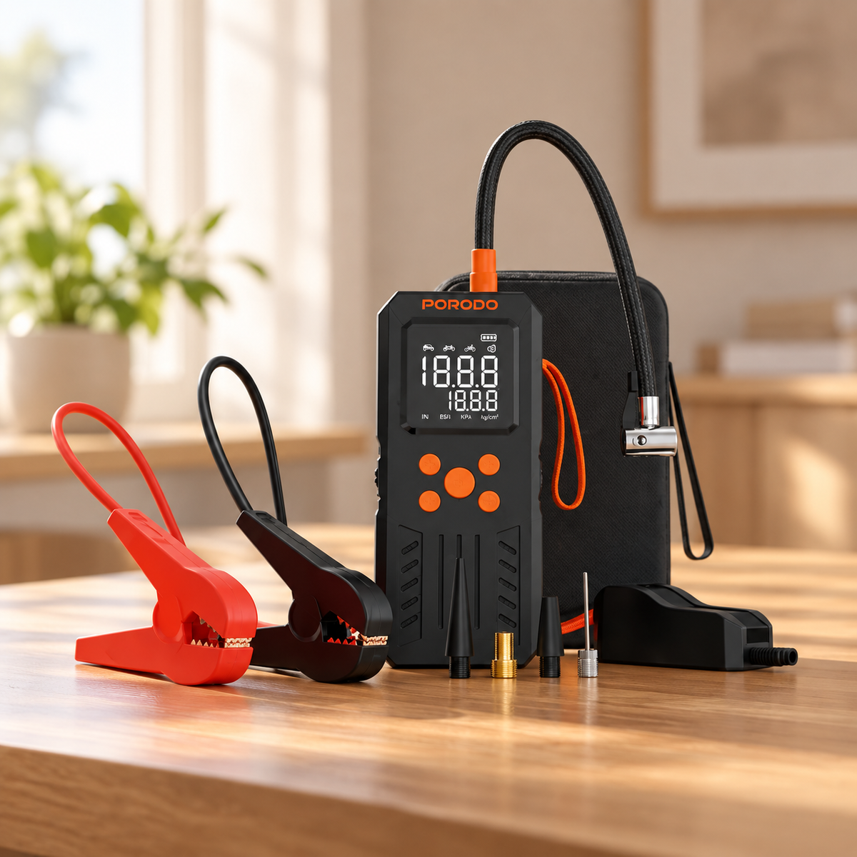 Porodo 4-In-1 Multi-Tool Inflator & Jump Starter with 150PSI Auto-Stop & SOS Lighting - Black — GREY Studio lifestyle