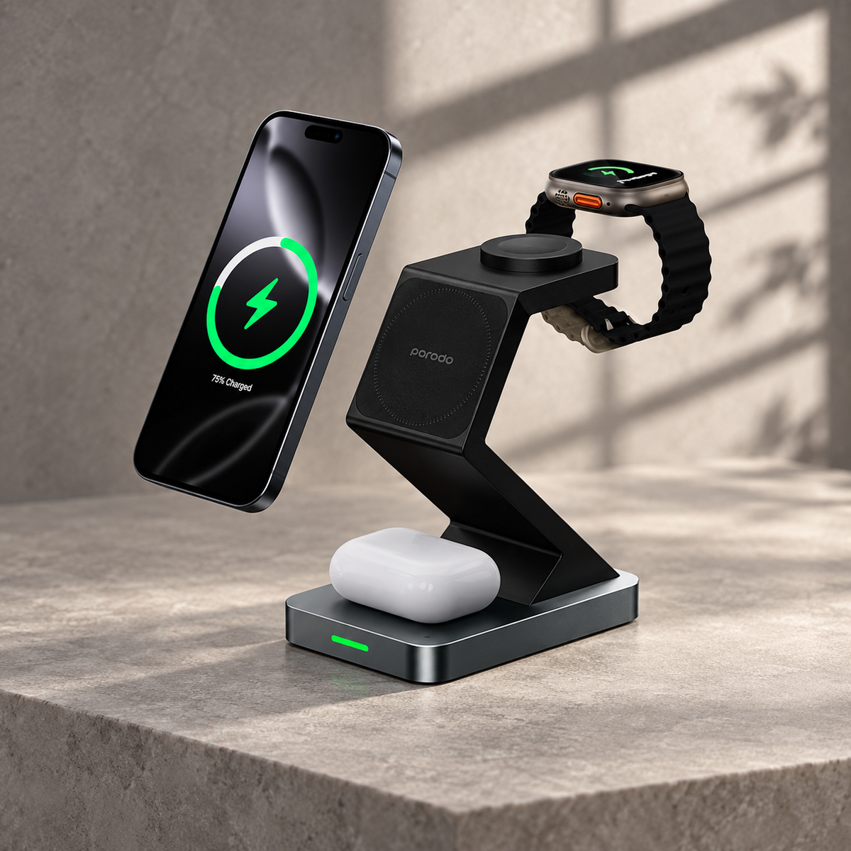 Porodo 4-In-1 Powerdock Wireless Charging Station with 360� Adjustable Viewing - Black — GREY Studio editorial