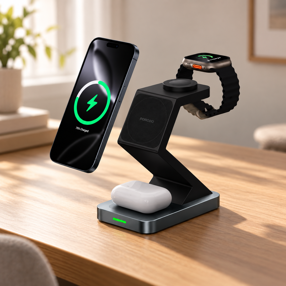 Porodo 4-In-1 Powerdock Wireless Charging Station with 360� Adjustable Viewing - Black — GREY Studio lifestyle