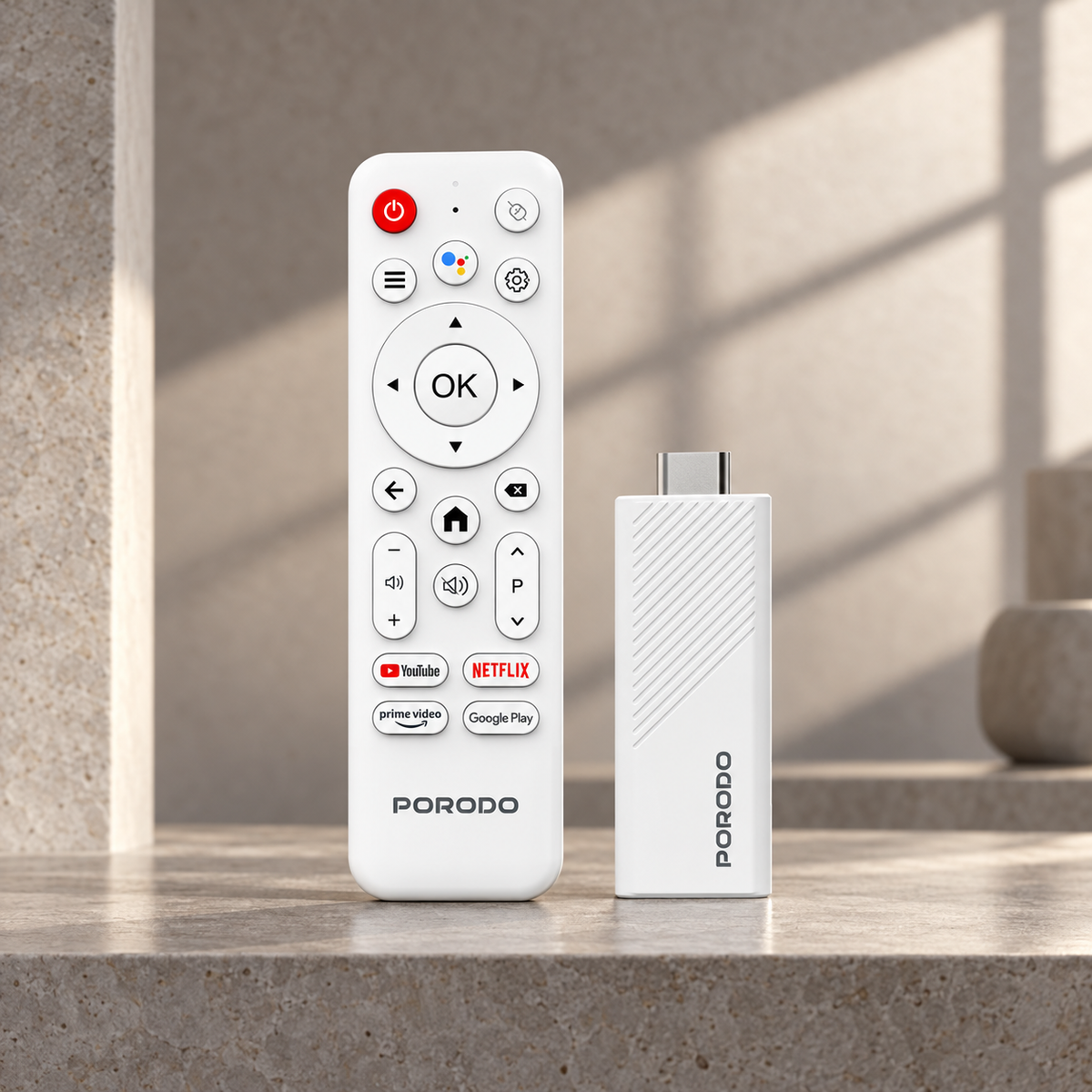 Porodo 4k Android Smart Streaming TV Stick with Google Assistant & Voice Control - White — GREY Studio editorial