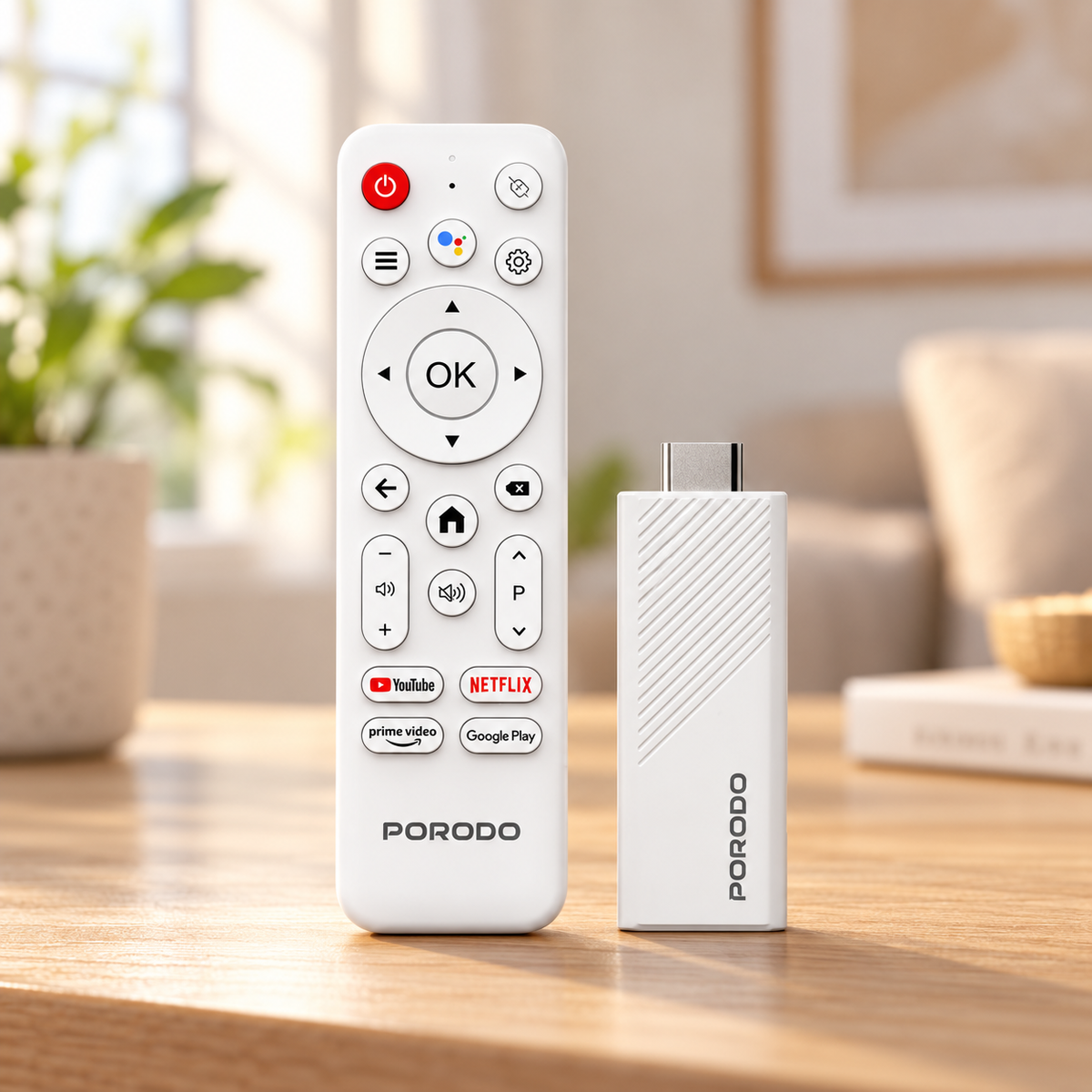 Porodo 4k Android Smart Streaming TV Stick with Google Assistant & Voice Control - White — GREY Studio lifestyle