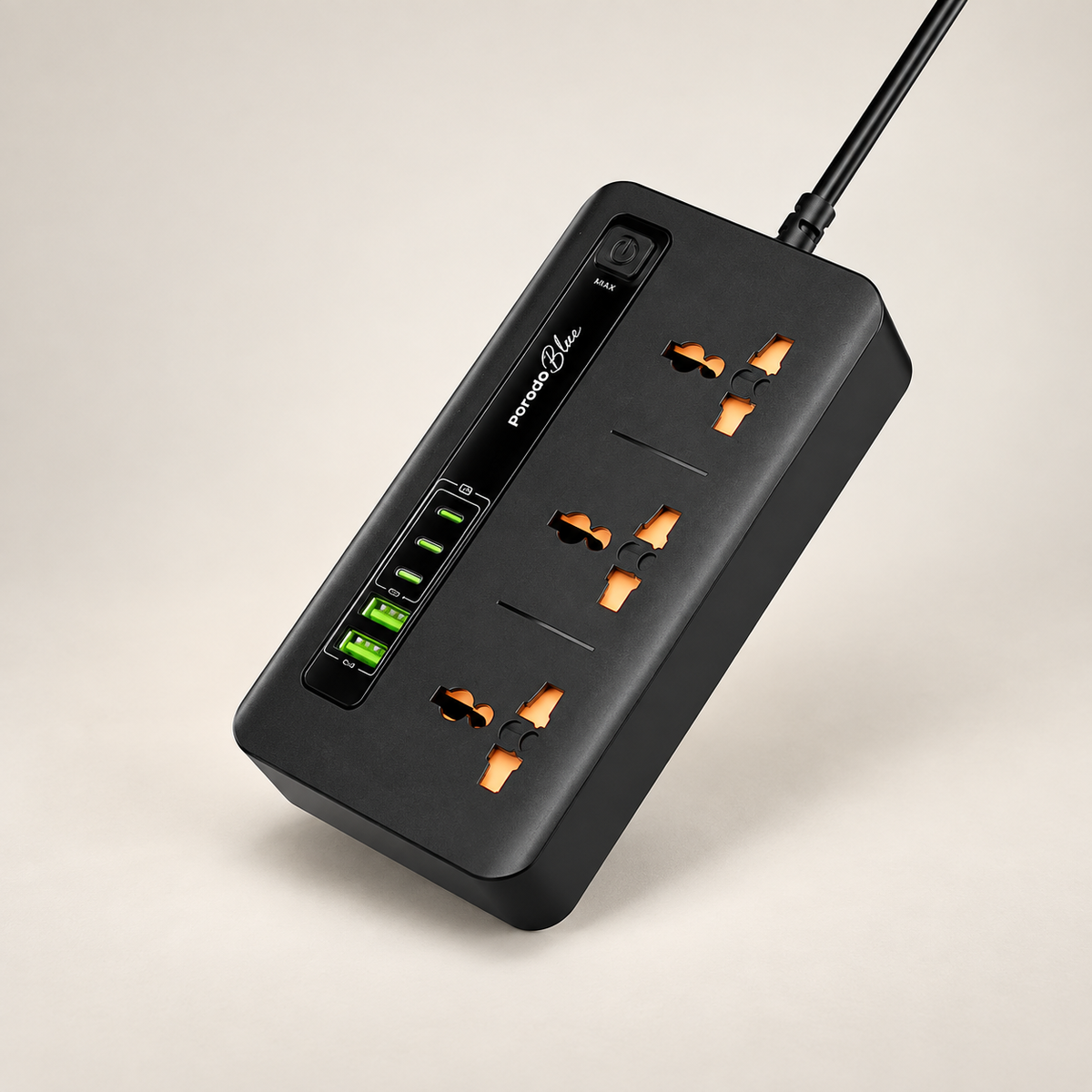 Porodo Blue 3 AC Power Socket With 2XUSB-A, 3XType-C 2M 3000W - Black — GREY Studio catalog