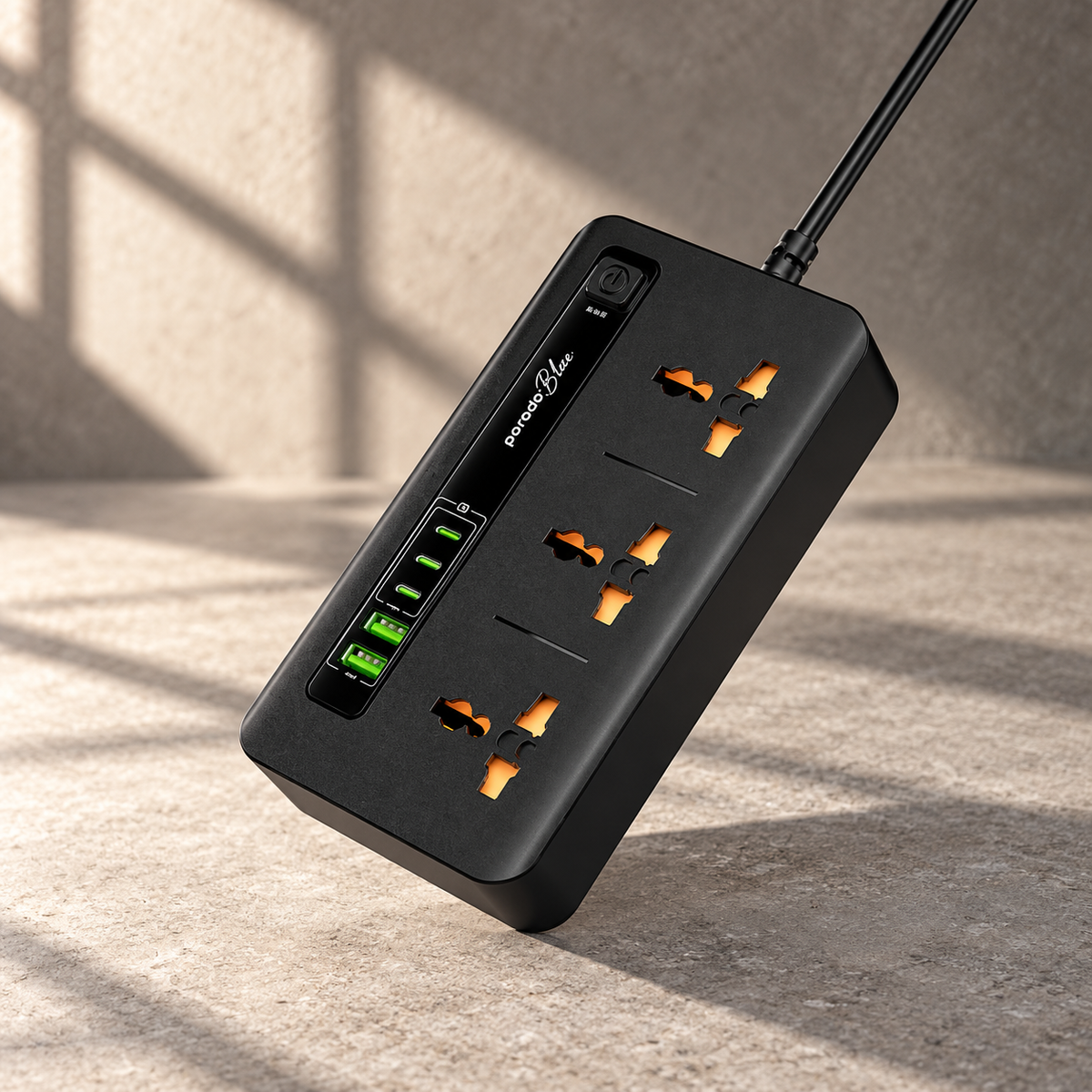 Porodo Blue 3 AC Power Socket With 2XUSB-A, 3XType-C 2M 3000W - Black — GREY Studio editorial