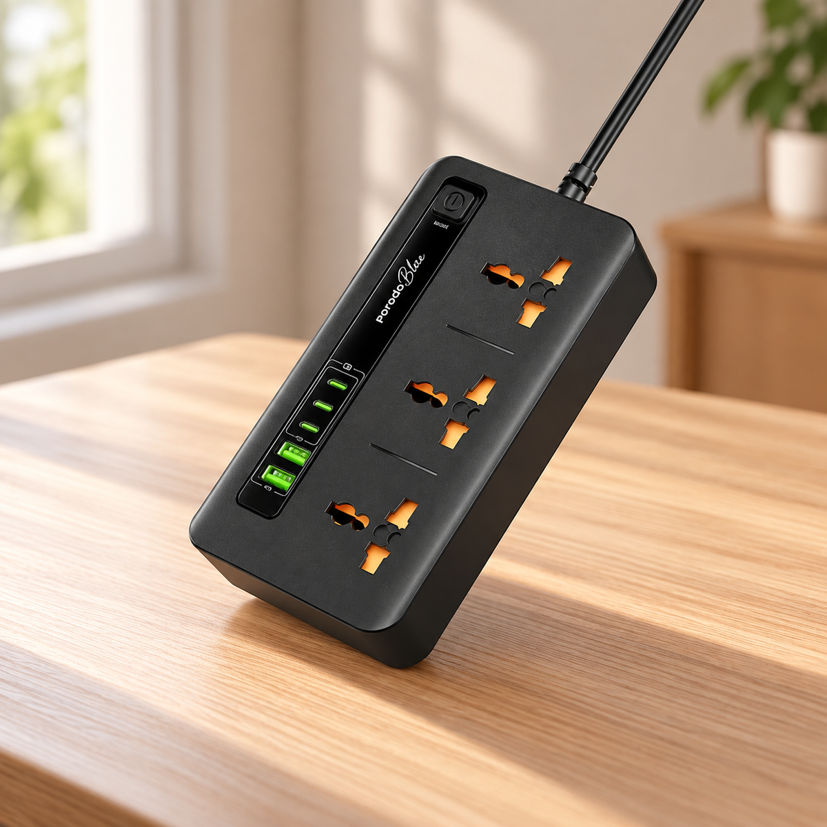 Porodo Blue 3 AC Power Socket With 2XUSB-A, 3XType-C 2M 3000W - Black — GREY Studio lifestyle