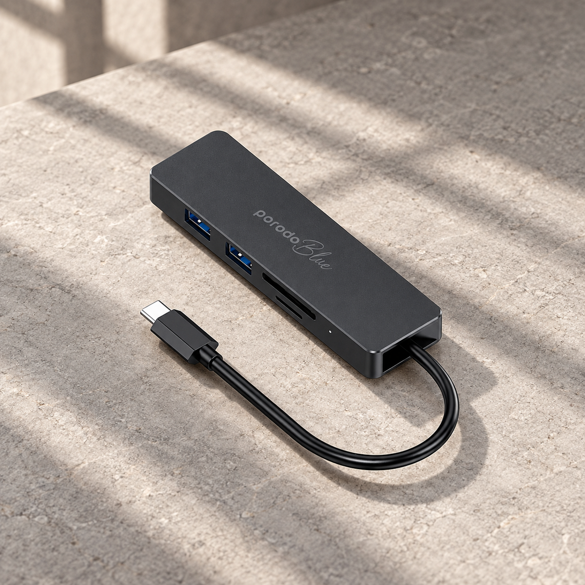 Porodo Blue 5 in 1 USB-C Hub HDMI USB SD MicroSD — GREY Studio editorial