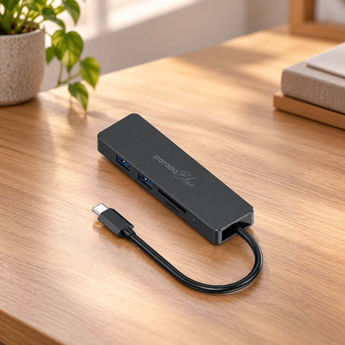 Porodo Blue 5 in 1 USB-C Hub HDMI USB SD MicroSD — GREY Studio lifestyle