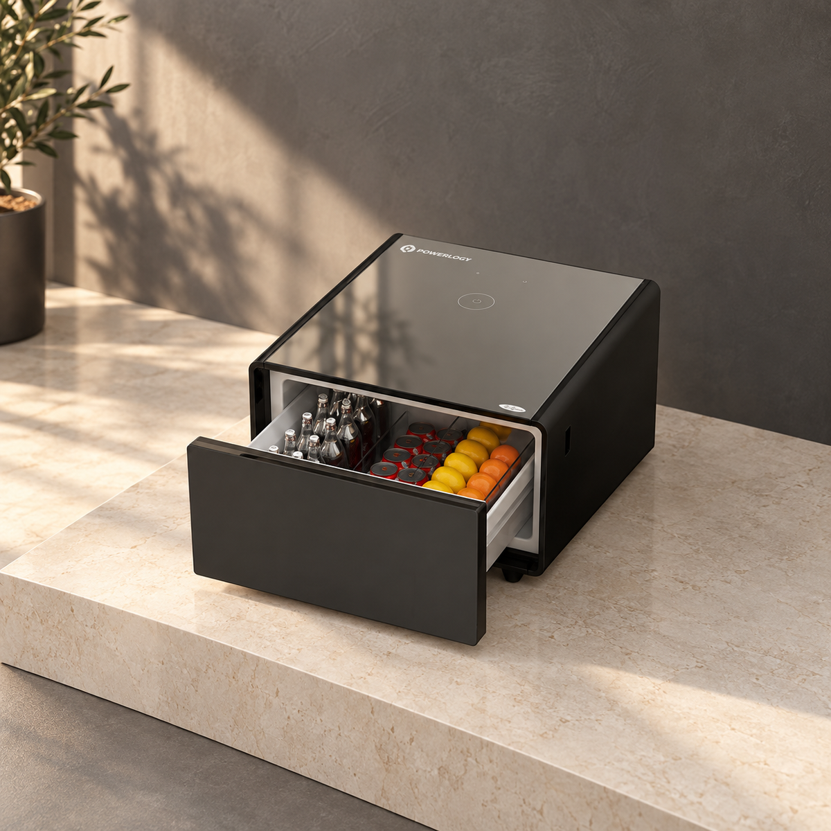 GREY Studio editorial | Powerology Bedside Table Fridge Fast Wireless Charging 65L | P65STFRBK