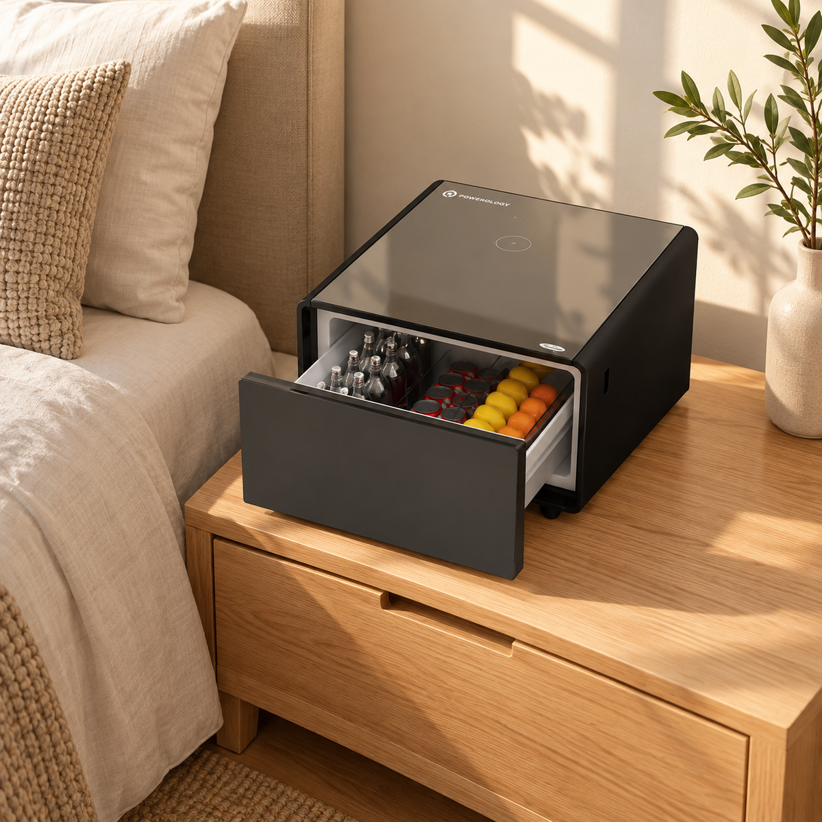 GREY Studio lifestyle | Powerology Bedside Table Fridge Fast Wireless Charging 65L | P65STFRBK