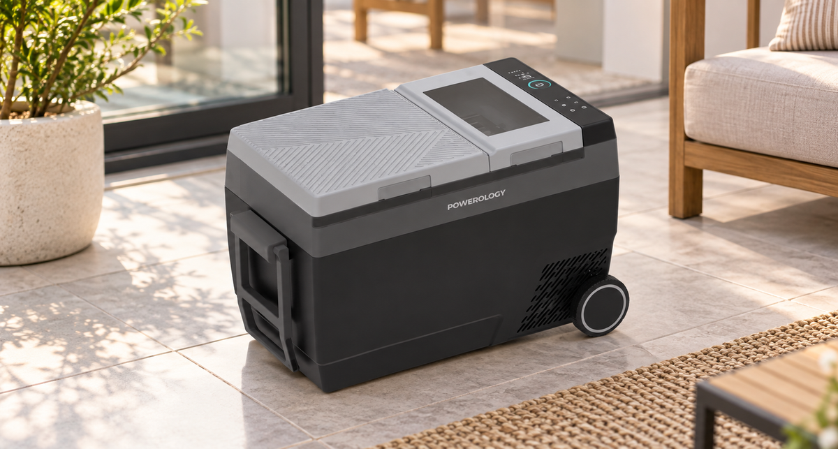 GREY Studio lifestyle | Powerology Portable Outdoor Fridge & Ice Maker - Black | P90CARFRZ