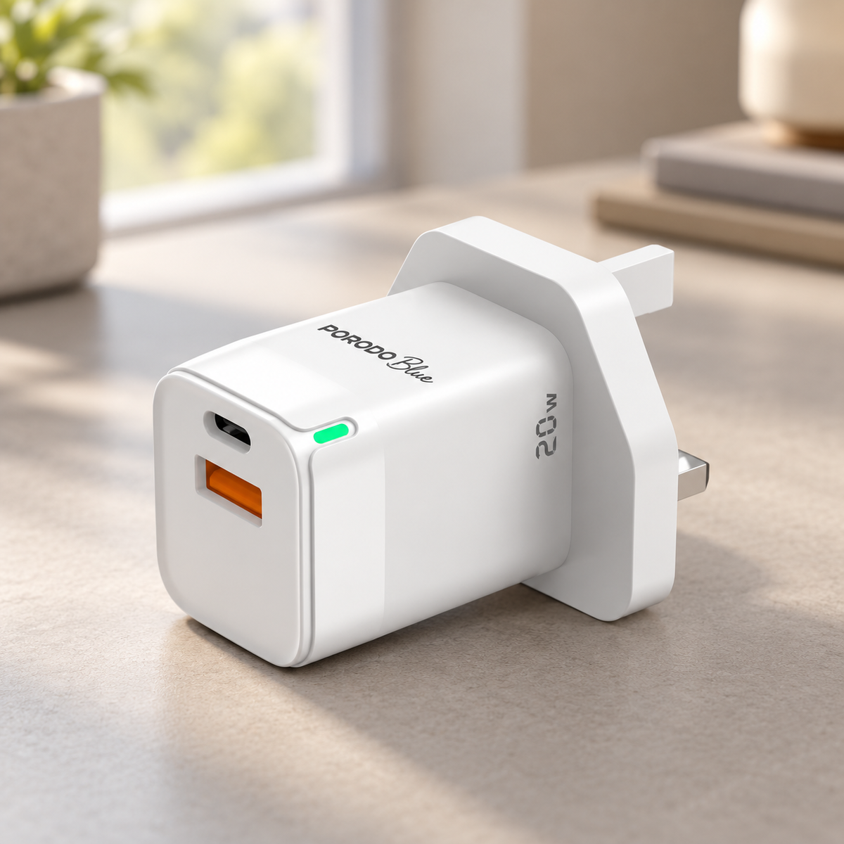 GREY Studio lifestyle | Porodo Blue Ultra-Quick Charger White | PB-FWCH036-WH