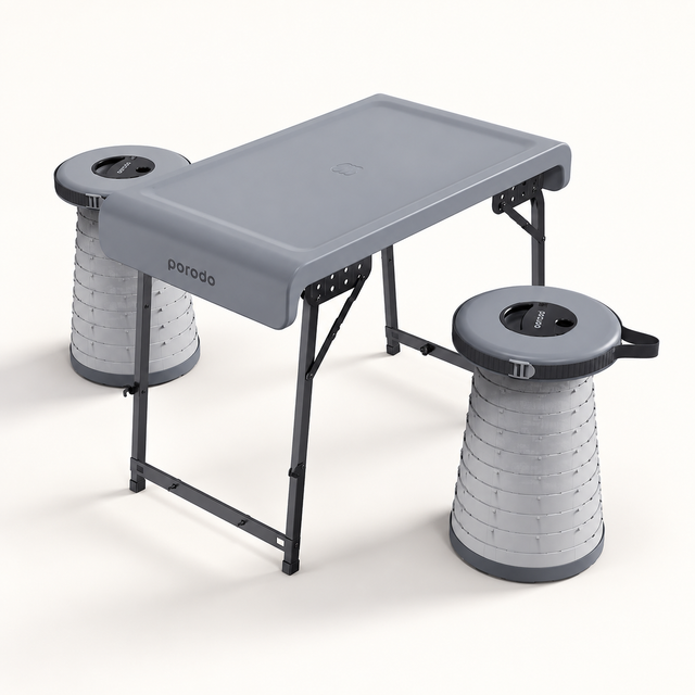 Porodo Camping Foldable Desk and LED (White/Yellow) Stool Set - Grey