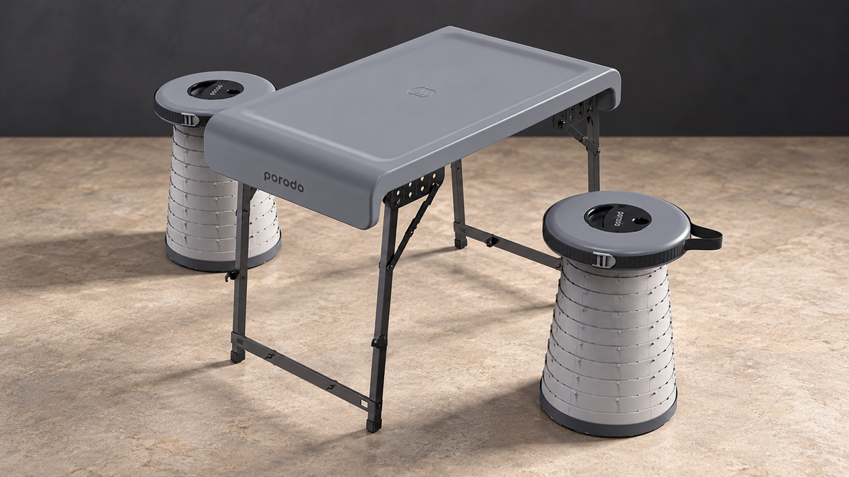 GREY Studio editorial | Porodo Camping Foldable Desk and LED (White/Yellow) Stool Set - Grey | PD-CFDLDSTS-GY