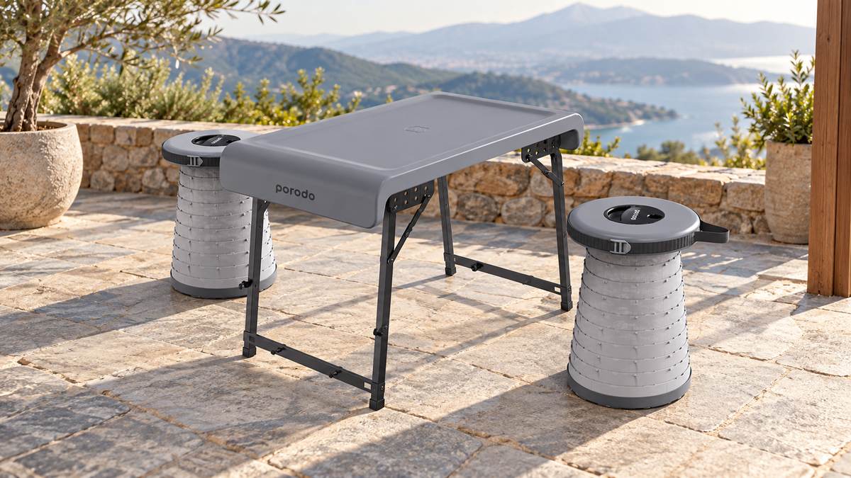 GREY Studio lifestyle | Porodo Camping Foldable Desk and LED (White/Yellow) Stool Set - Grey | PD-CFDLDSTS-GY