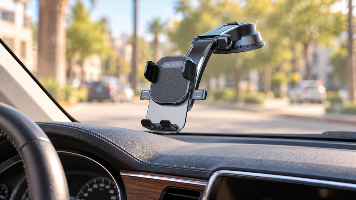 GREY Studio lifestyle | Porodo Flexible Easy One Touch 360 Degree Rotatable Car mount - Black | PD-FE1CRM-BK