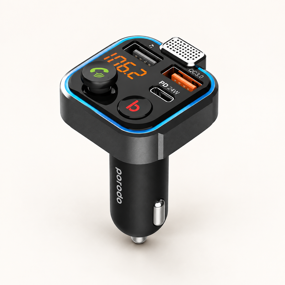GREY Studio catalog | Porodo Smart Car Charger FM Transmitter with 24W PD Port & QC 3.0 - Black | PD-FM42WBB-BK