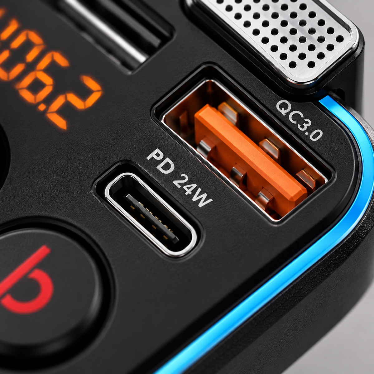 GREY Studio detail | Porodo Smart Car Charger FM Transmitter with 24W PD Port & QC 3.0 - Black | PD-FM42WBB-BK