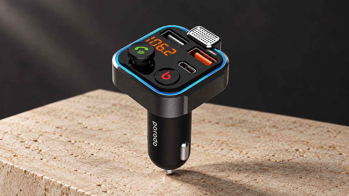 GREY Studio editorial | Porodo Smart Car Charger FM Transmitter with 24W PD Port & QC 3.0 - Black | PD-FM42WBB-BK