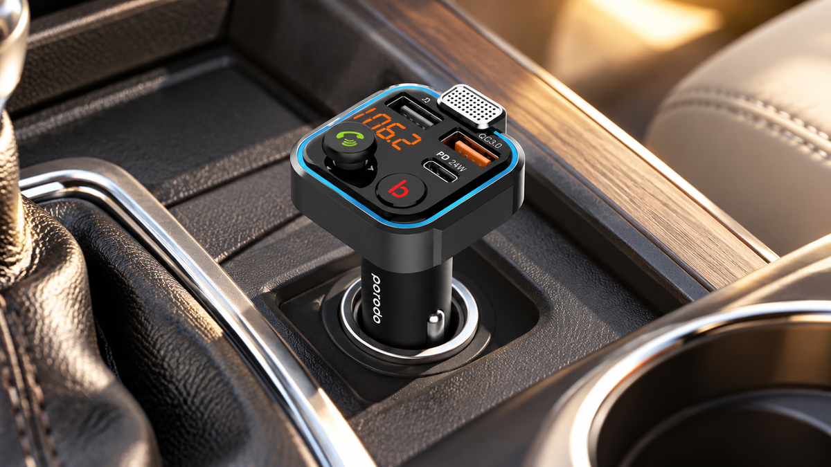GREY Studio lifestyle | Porodo Smart Car Charger FM Transmitter with 24W PD Port & QC 3.0 - Black | PD-FM42WBB-BK