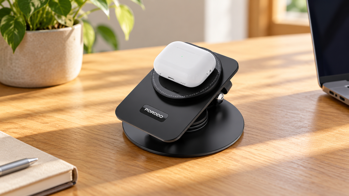 GREY Studio lifestyle | Porodo Wireless Charging Rotating Stand - Black | PD-FWCH035-BK
