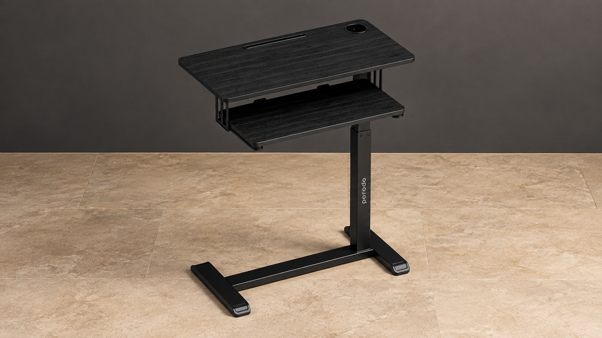 GREY Studio editorial | Porodo Height Adjustable Side Desk with Keyboard Tray - Black | PD-HASDKT-BK