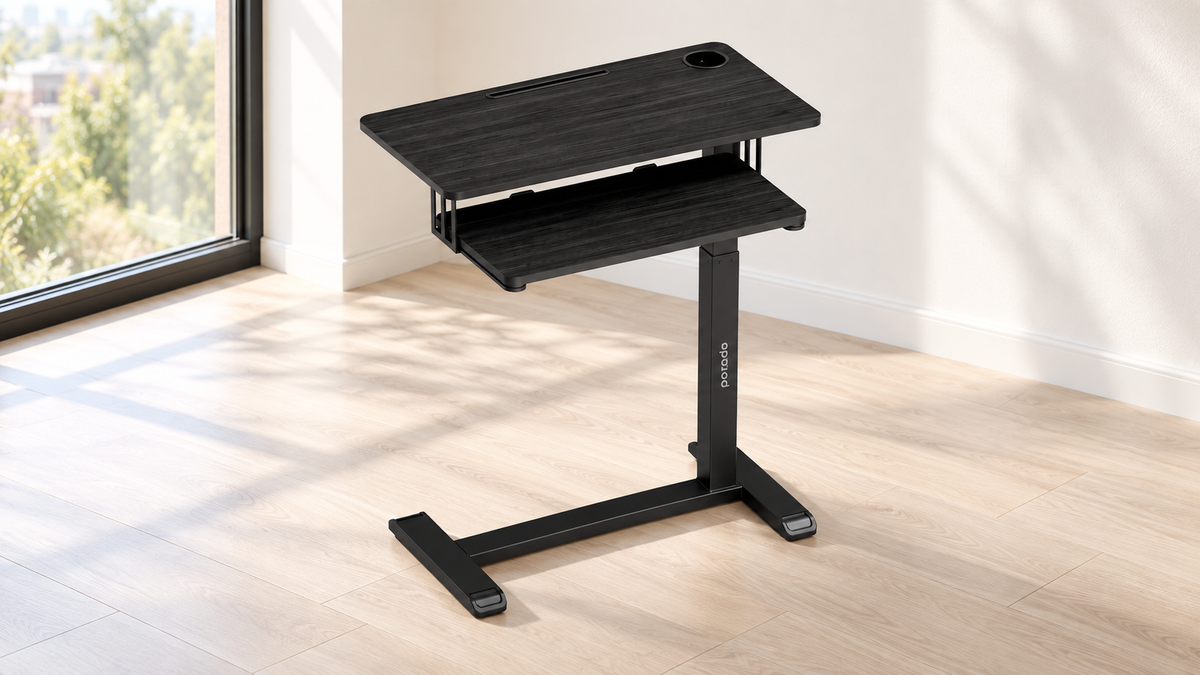 GREY Studio lifestyle | Porodo Height Adjustable Side Desk with Keyboard Tray - Black | PD-HASDKT-BK