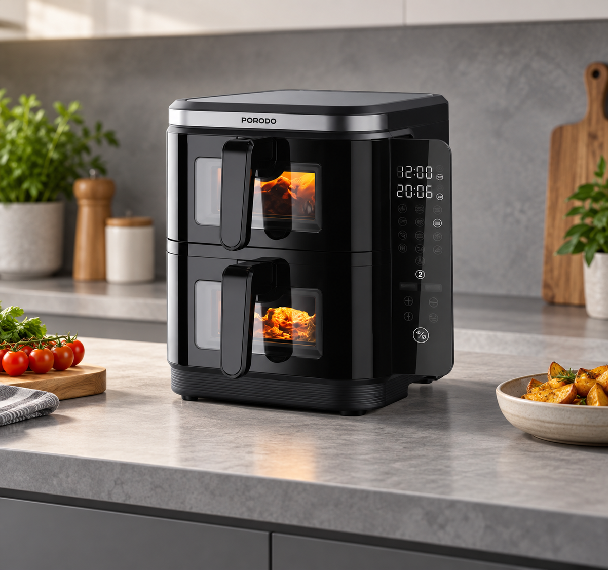 GREY Studio lifestyle | Porodo Lifestyle Double Stack Air Fryer with 12 Presets - Black | PD-LFST087-BK
