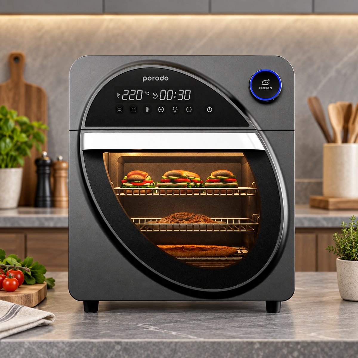 GREY Studio lifestyle | Porodo Lifestyle Dual Mode Touch Control Air Fryer & Oven With Advanced Air-Flow Circulation 14.5L | PD-LSAROV-BK