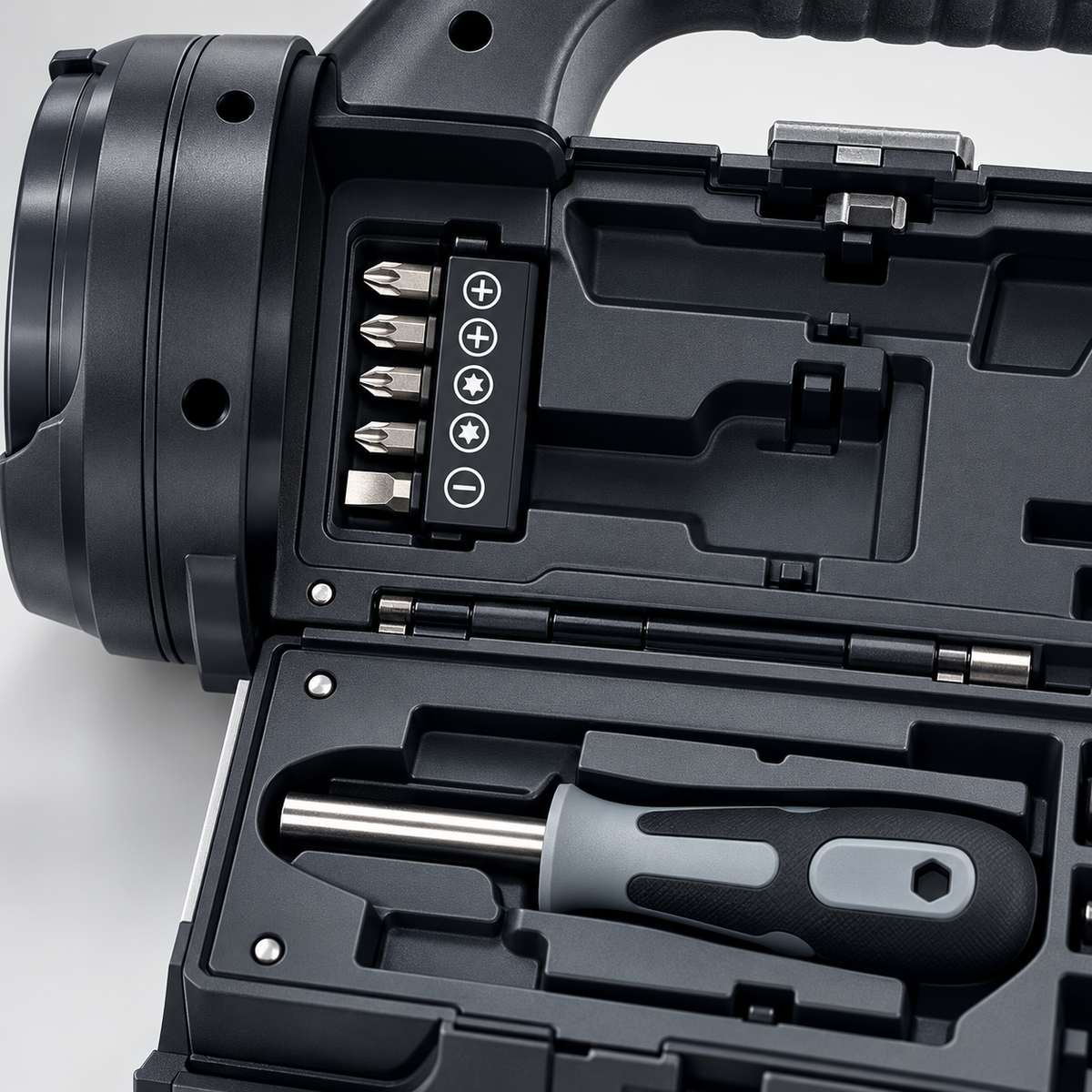 GREY Studio detail | Porodo LifeStyle Outdoor 5W 18 in 1 Flashlight with Toolbox - BlackGrey | PD-LSFLTB
