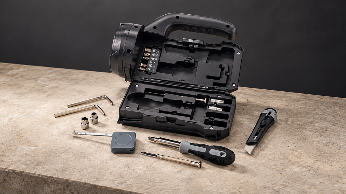 GREY Studio editorial | Porodo LifeStyle Outdoor 5W 18 in 1 Flashlight with Toolbox - BlackGrey | PD-LSFLTB