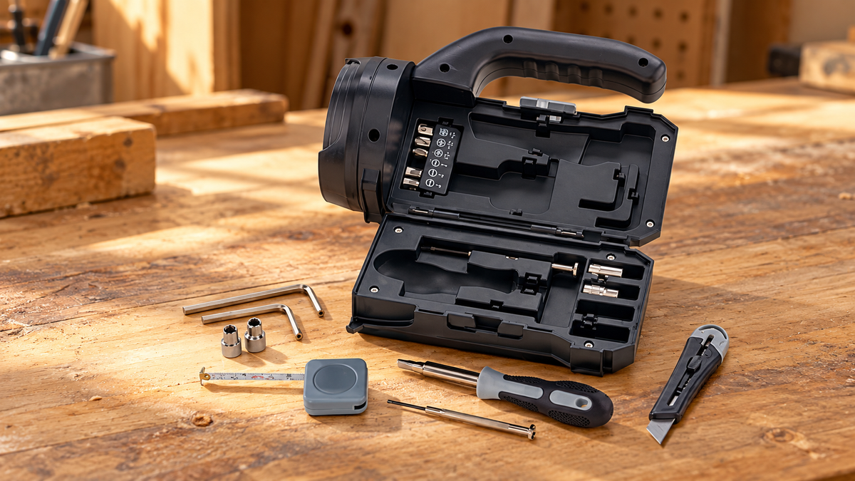 GREY Studio lifestyle | Porodo LifeStyle Outdoor 5W 18 in 1 Flashlight with Toolbox - BlackGrey | PD-LSFLTB