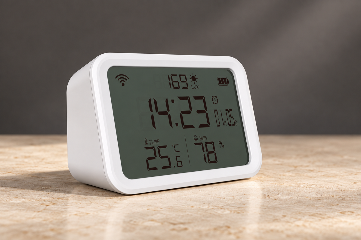 GREY Studio editorial | Porodo Lifestyle 4 in 1 Temperature and Humidity Sensor - White | PD-LSTHSR-WH