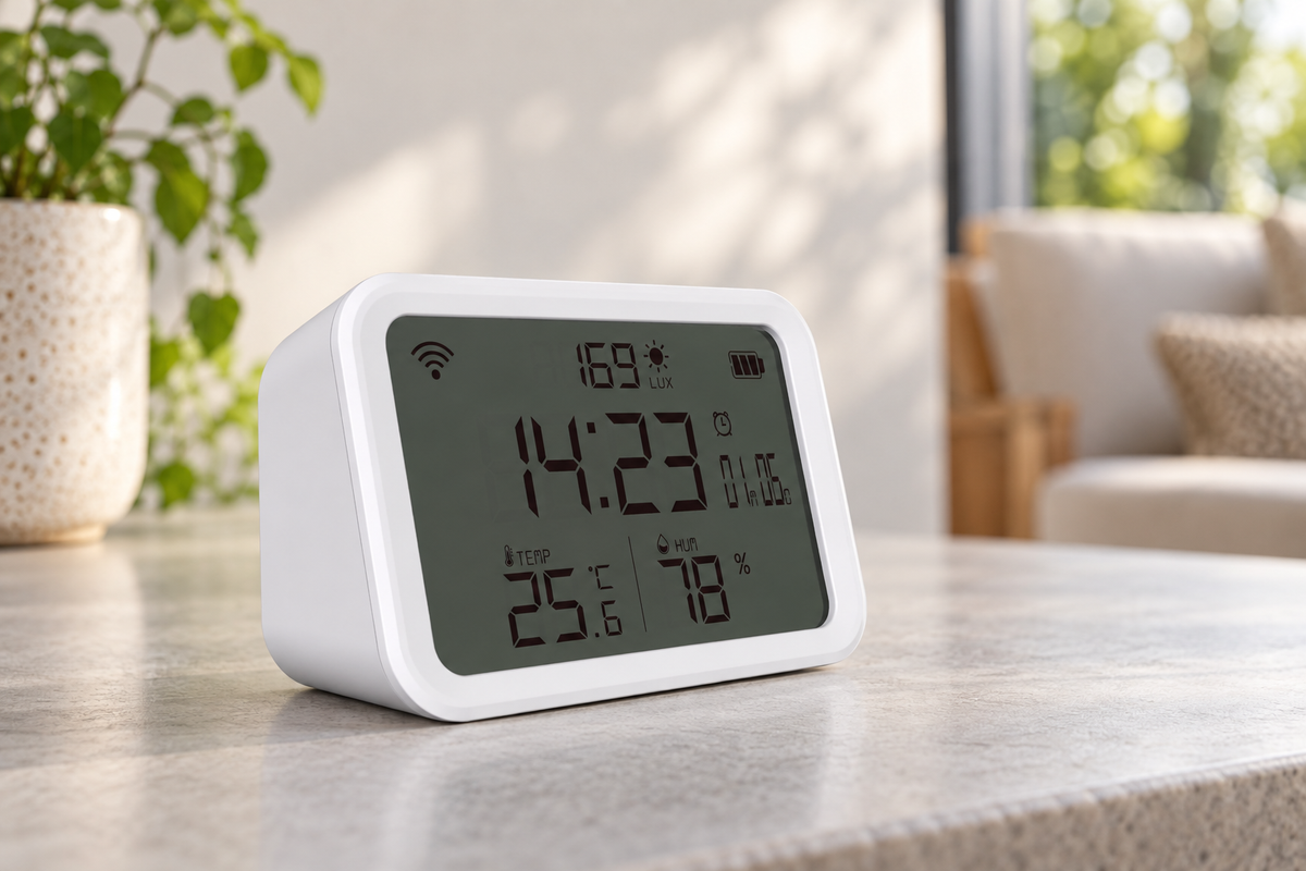 GREY Studio lifestyle | Porodo Lifestyle 4 in 1 Temperature and Humidity Sensor - White | PD-LSTHSR-WH