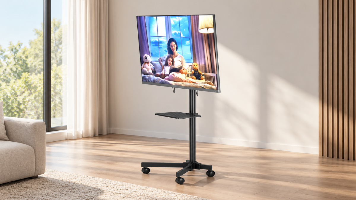 GREY Studio lifestyle | Porodo Mobile TV Stand Dynamic Swivel & Tilt Adjustable Height | PD-TVCRT-BK