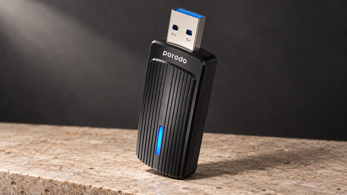 GREY Studio editorial | Porodo Dual Band WiFi6 USB Adapter with Additional USB A to Type- C Adaptor - Black | PD-WDB6AC-BK