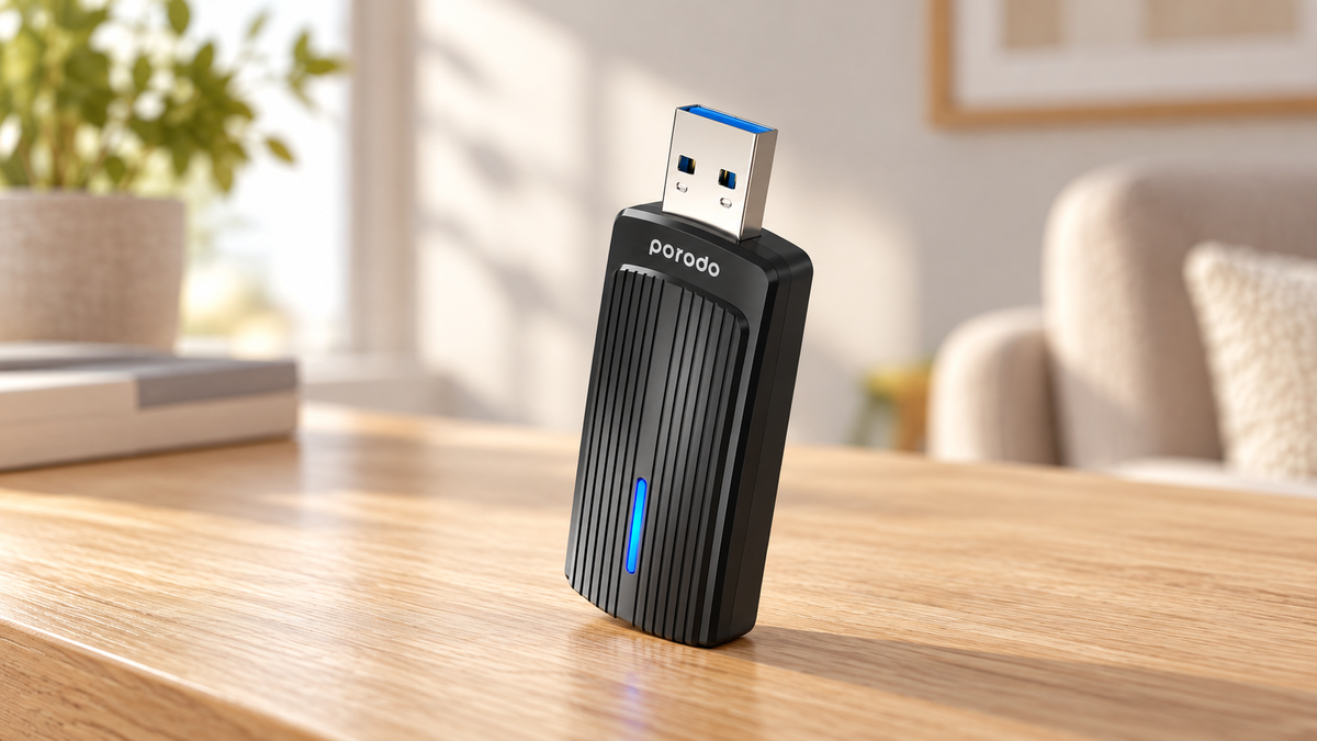 GREY Studio lifestyle | Porodo Dual Band WiFi6 USB Adapter with Additional USB A to Type- C Adaptor - Black | PD-WDB6AC-BK