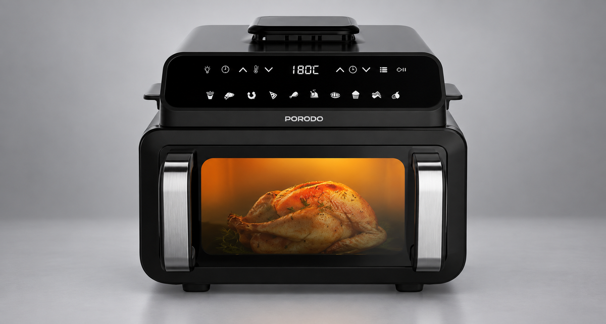 GREY Studio detail | Porodo Lifestyle Flexi Cook Pro Indoor Grill, Pizza Oven, Air Fryer - Black | PDAF1015BK