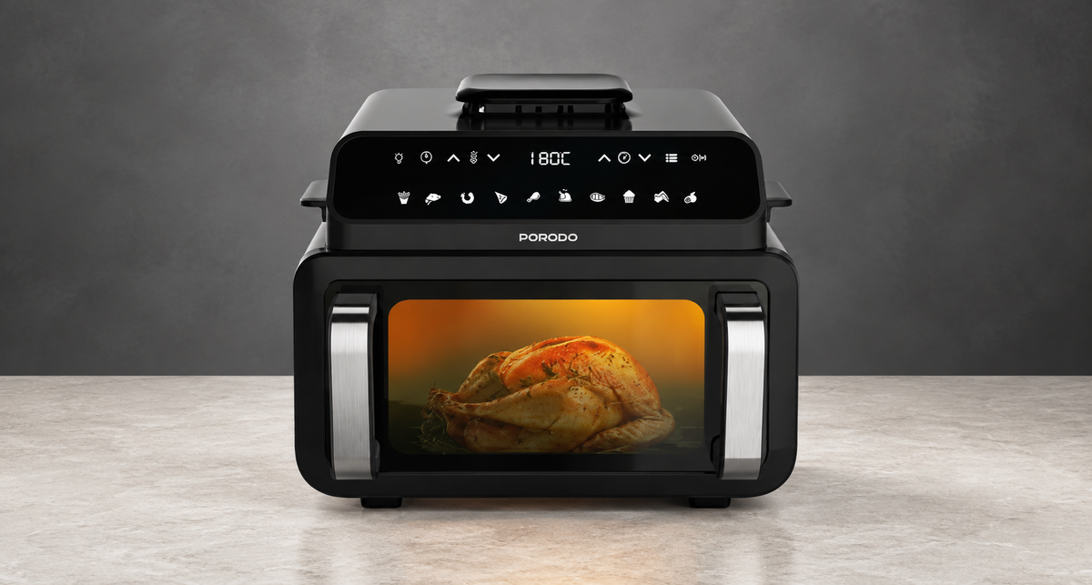 GREY Studio editorial | Porodo Lifestyle Flexi Cook Pro Indoor Grill, Pizza Oven, Air Fryer - Black | PDAF1015BK