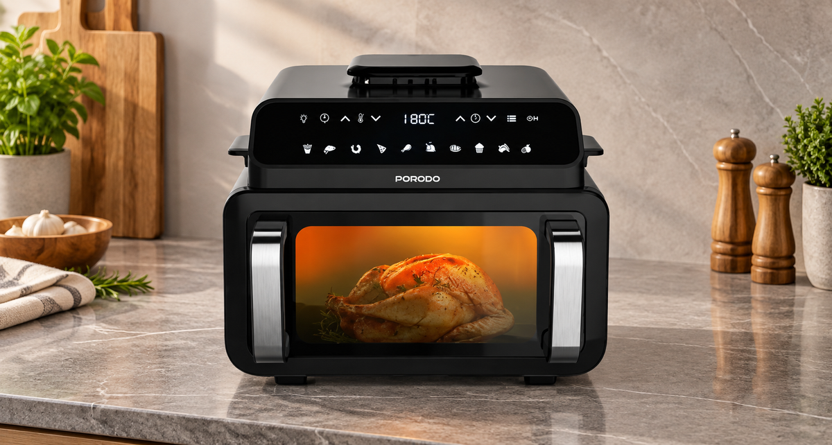 GREY Studio lifestyle | Porodo Lifestyle Flexi Cook Pro Indoor Grill, Pizza Oven, Air Fryer - Black | PDAF1015BK