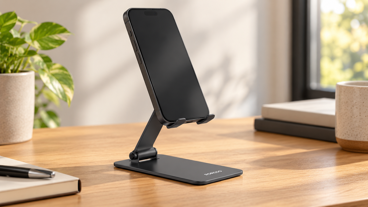 GREY Studio lifestyle | Porodo Foldable Desktop Stand with Anti-Slip Base - Gray | PDCCT15GY