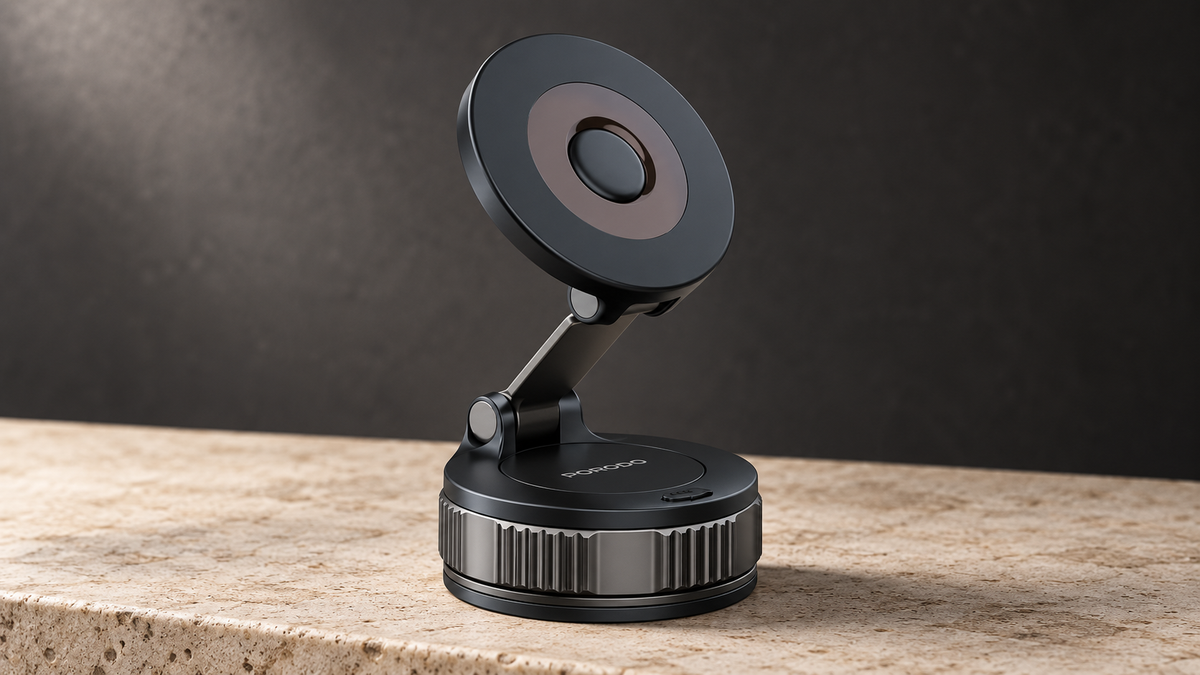 GREY Studio editorial | Porodo Rotarex MagSafe Car Mount with Powerful Suction Base - Black | PDCH11BK