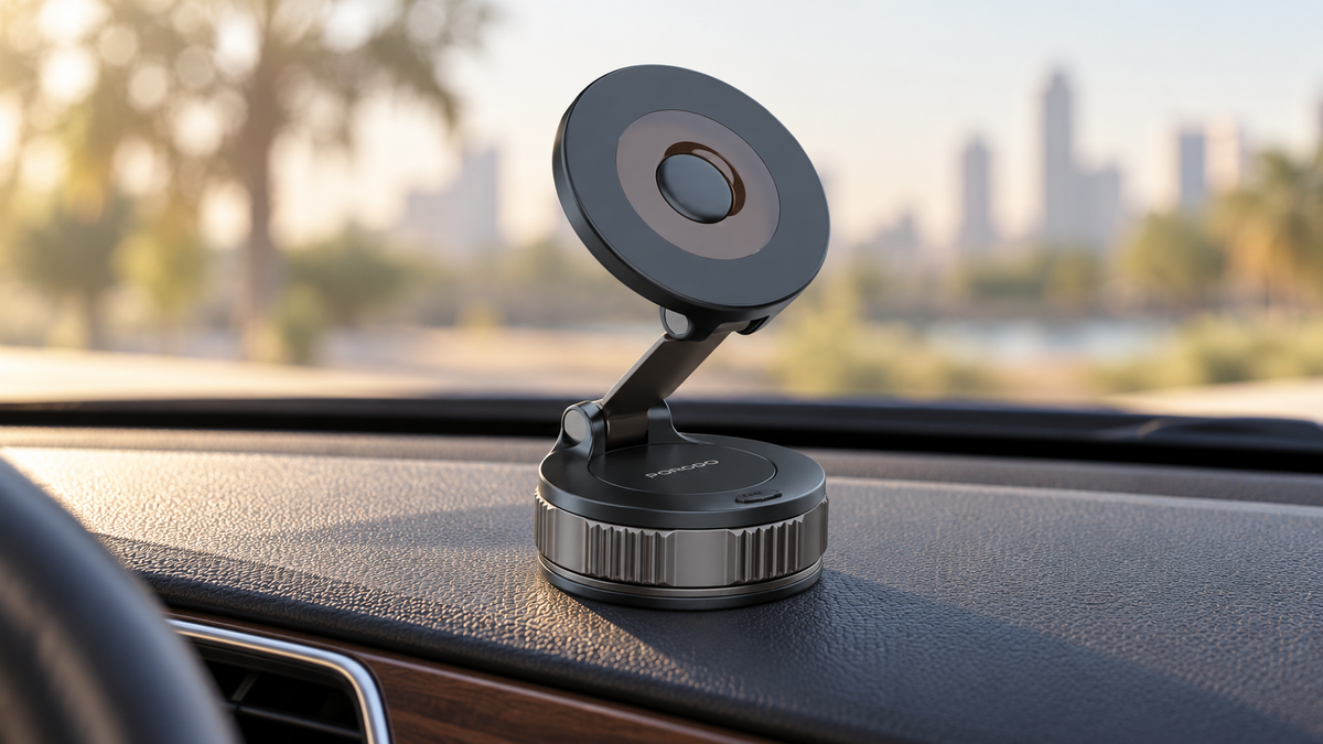 GREY Studio lifestyle | Porodo Rotarex MagSafe Car Mount with Powerful Suction Base - Black | PDCH11BK