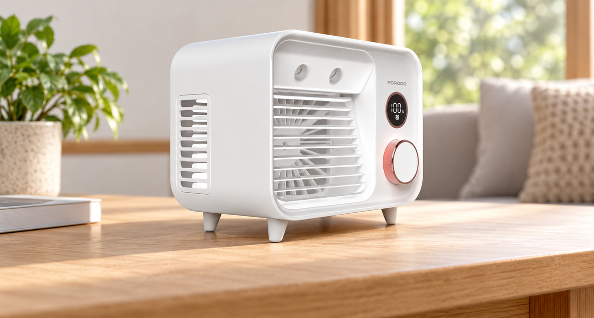 GREY Studio lifestyle | Porodo Lifestyle Mini Mist Fan Desktop Air Cooler - White | PDF853WH