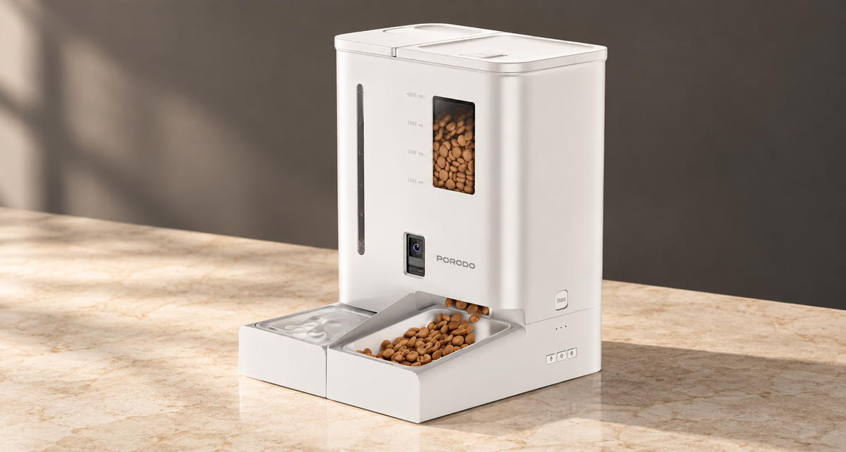 GREY Studio editorial | Porodo Petmate Automatic Pet Feeder with Wi-Fi, Camera & App Control - White | PDFD035VWH