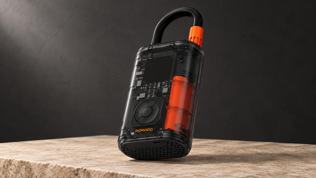 GREY Studio editorial | Porodo Vyrox Car Tire Inflator with Real-Time Pressure Display - Black | PDGA05BK