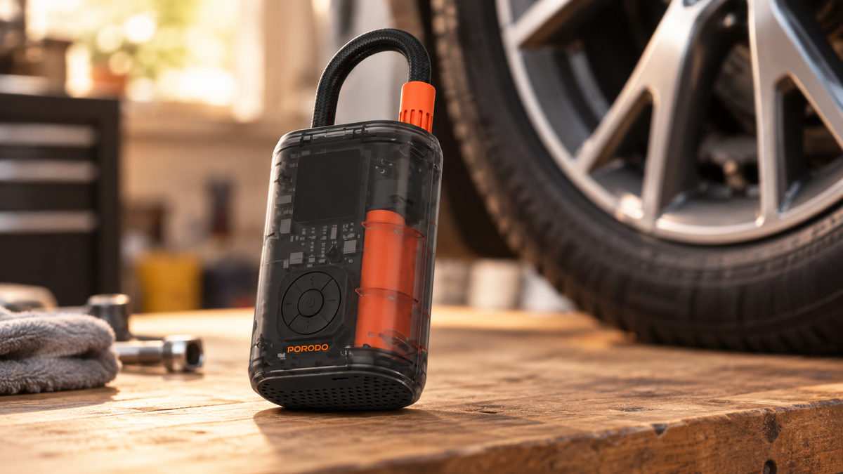 GREY Studio lifestyle | Porodo Vyrox Car Tire Inflator with Real-Time Pressure Display - Black | PDGA05BK