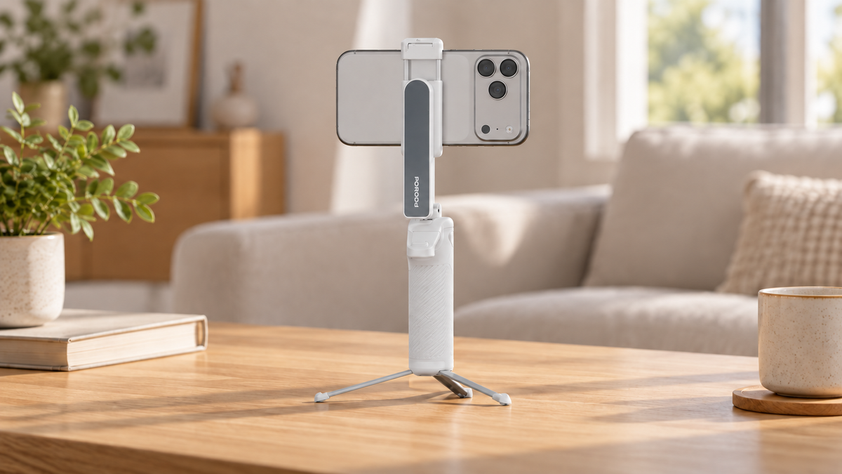 GREY Studio lifestyle | Porodo Malibu Selfie Stick with Tripod and Bluetooth Shutter Button - White | PDI10WH